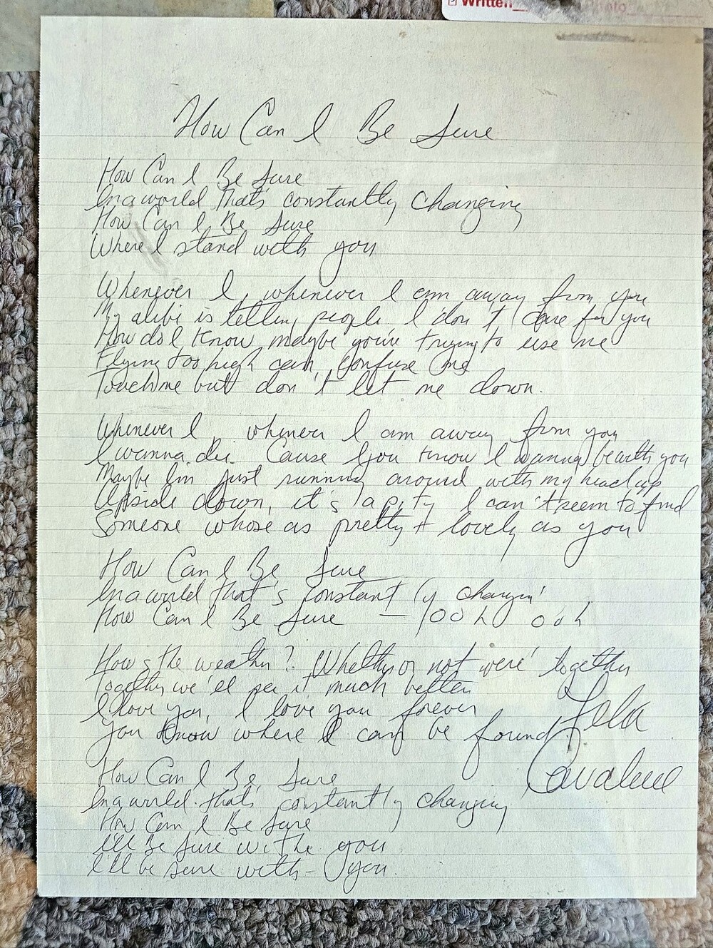 Handwritten Lyric Sheet - 'How Can I Be Sure' Felix Cavaliere.
